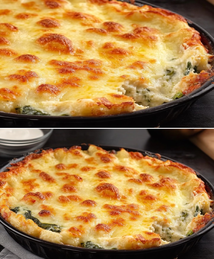 Torta salata di spinaci e ricotta con salsa al formaggio blu