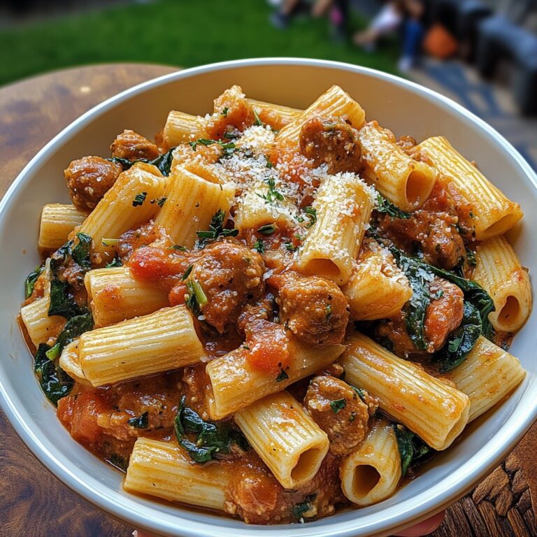 Rigatoni Cremosi con Salsiccia, Spinaci, Aglio e Salsa di Pomodoro alla Crema