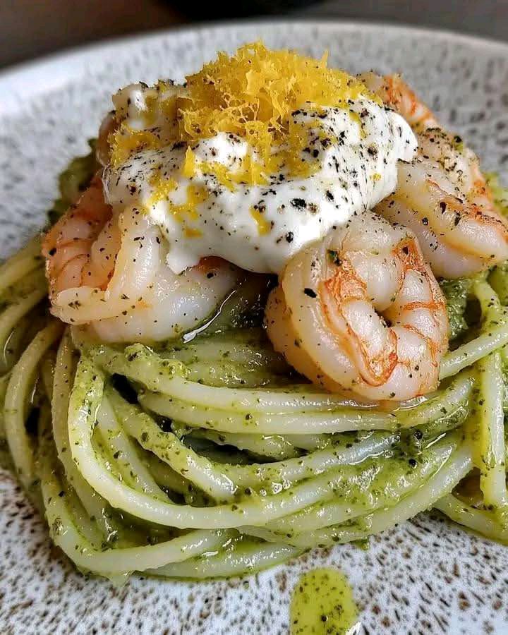 Spaghetti con Zucchine Gamberi Stracciatella e Scorza di Limone