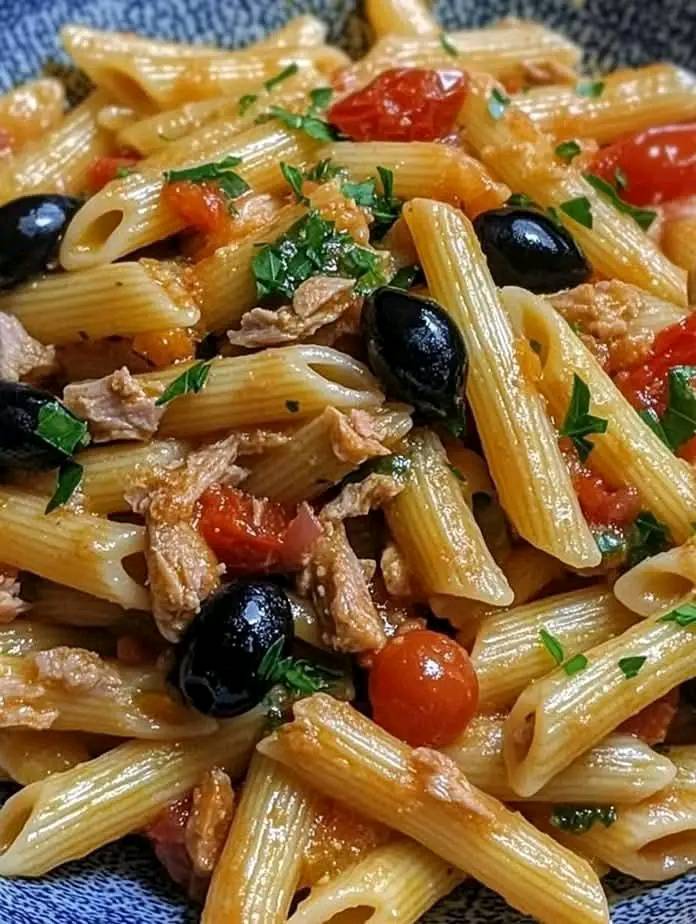 🇮🇹 Pasta in un attimo: Penne Rigate con Tonno, Pomodorini e Olive – un viaggio nei sapori del Mediterraneo!
