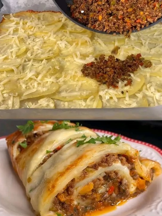 Sformato di patate al forno e manzo con mozzarella e peperoni colorati