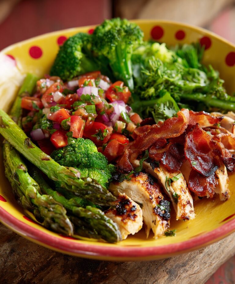 Tazón di pollo alla griglia con bacon e verdure verdi
